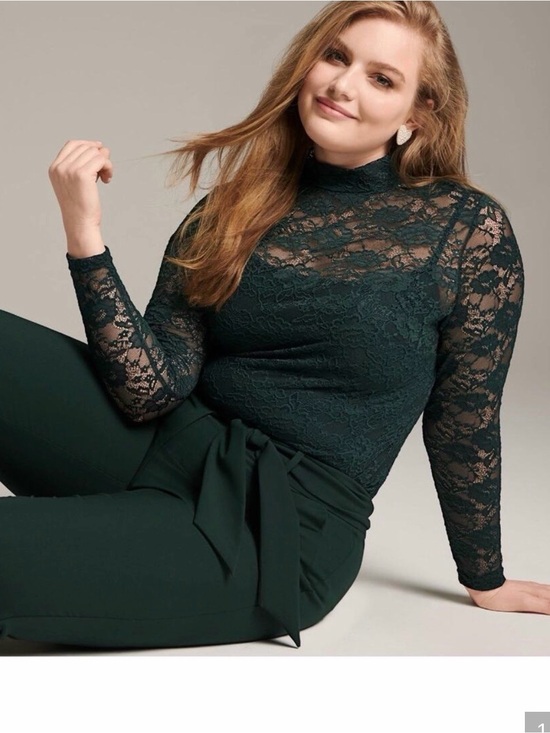 Lane Bryant Tops - Lane Bryant Dark Green Lace Mock Neck Long-Sleeve Top